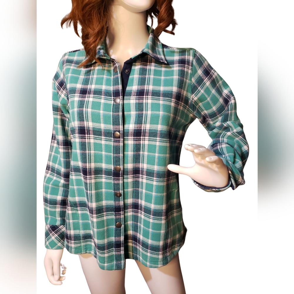 Orvis Womens Size Small Shacket Plaid Flannel Turquoise Navy Lightly Lined